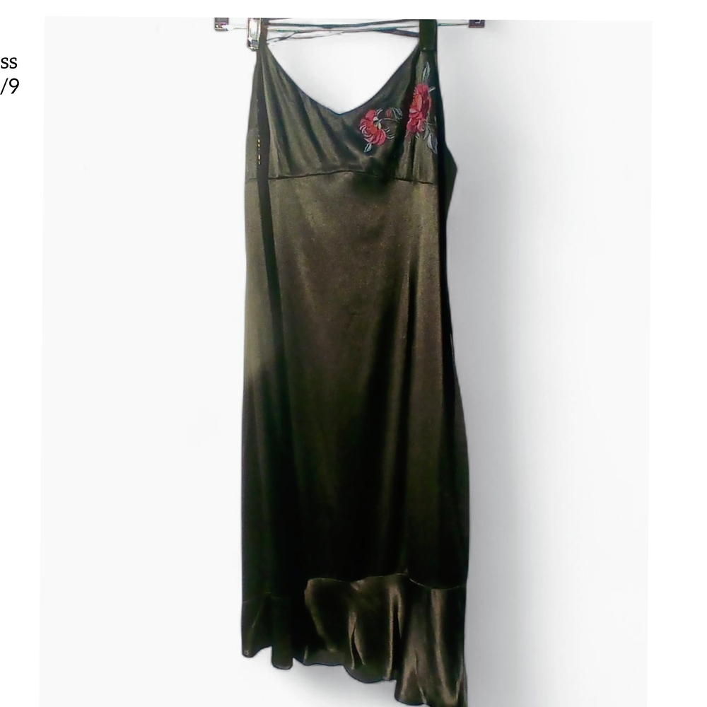 Vintage Express Black Satin Midi Dress with Red Embroidery  Romantic whimsigoth